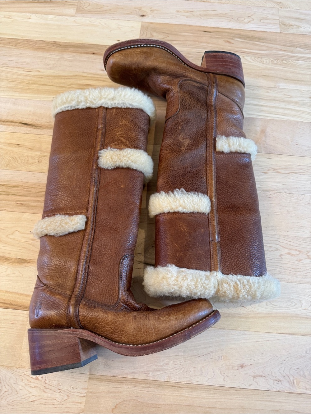 Frye Campus Shearling Fur Leather Vintage Distressed Boho Tall Boots-7-Rare - Picture 2 of 6